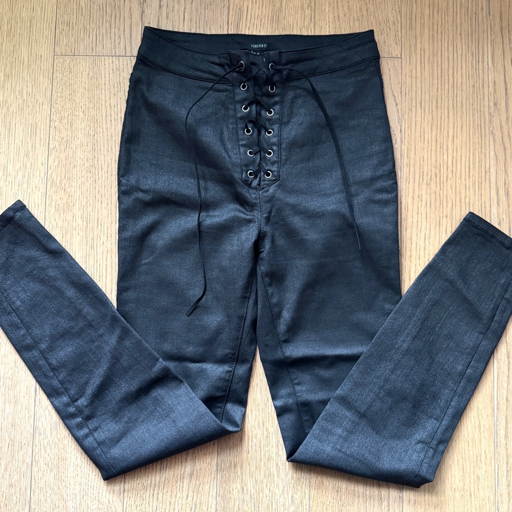 Lace up Leather Like Skinny Black Jeans Pants Size: 27 - NWOT